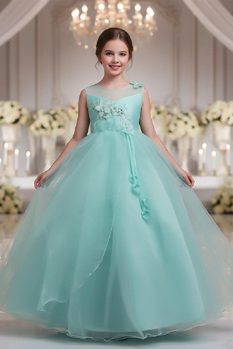 A-Line Illusion Neck Appliques Floor Length Tulle Flower Girl Dresses 1031510840050 - 7 Days / Turquoise / 120cm - COCOMELODY